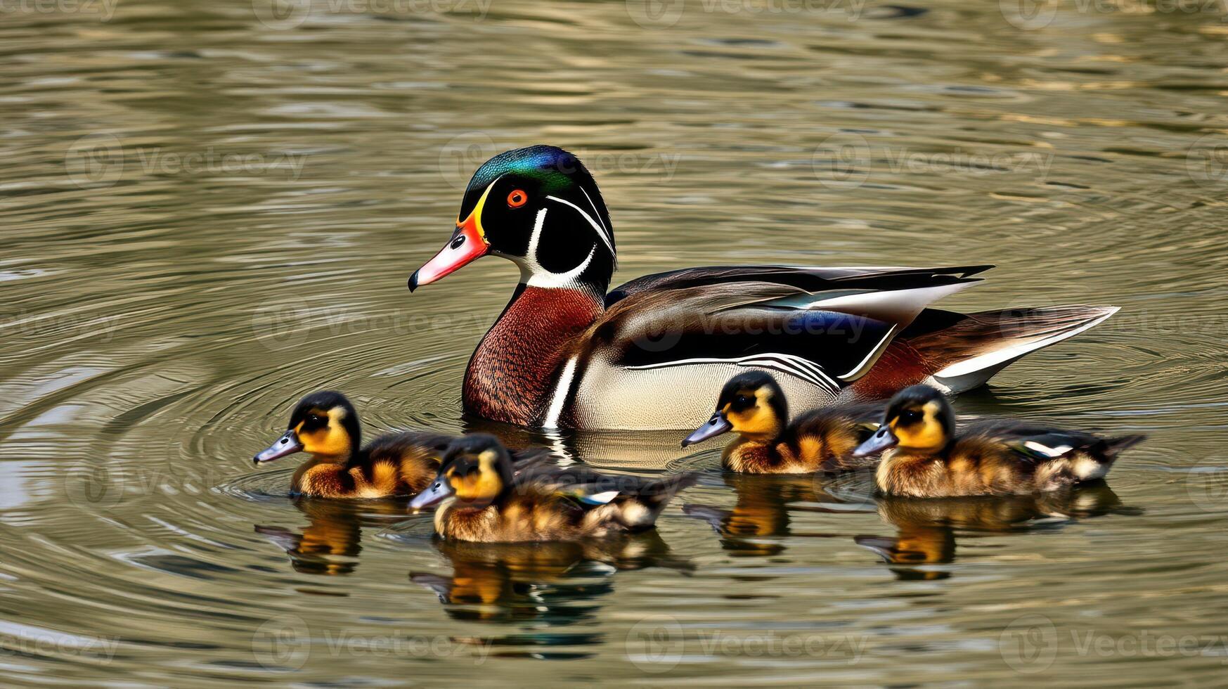 Wood duck and ducklings swim together in calm water during a sunny afternoon photo