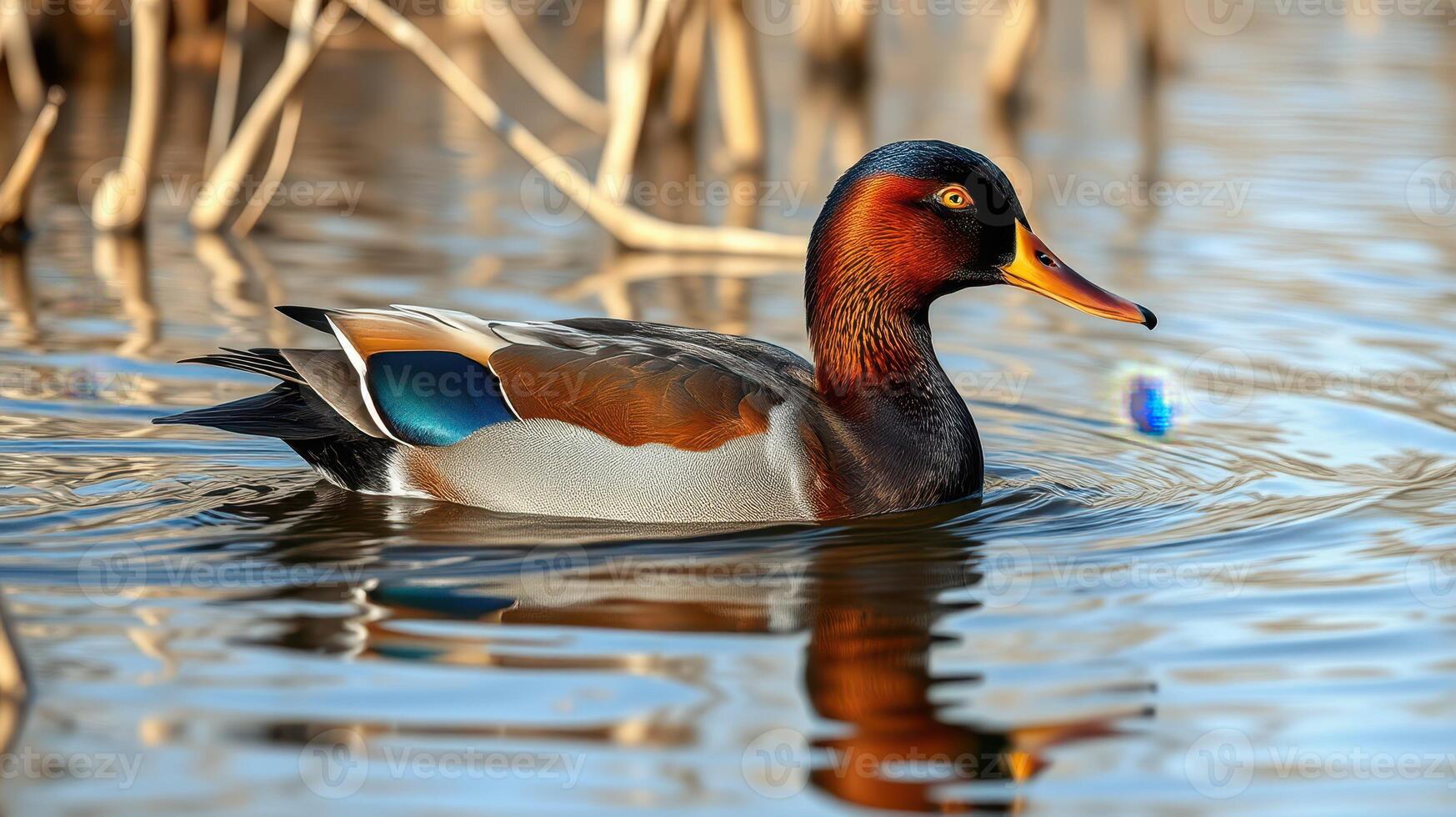Colorful duck swims gracefully in a serene water habitat surrounded by reeds photo