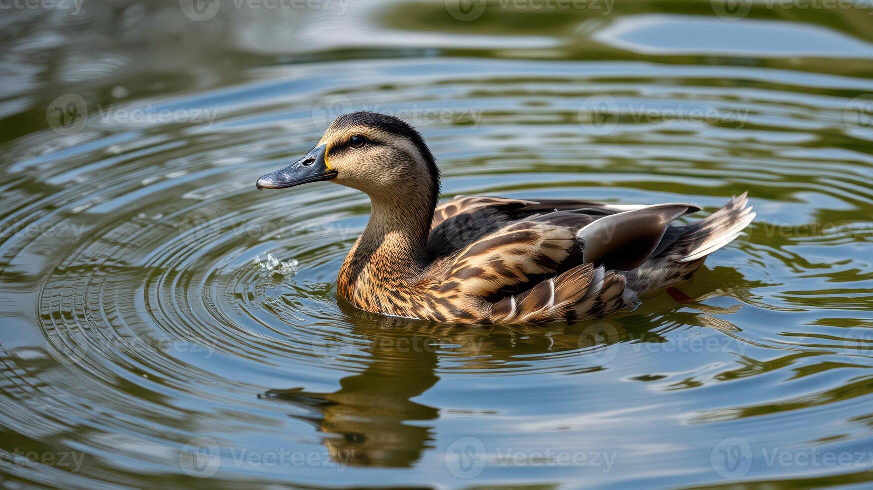 Duck swimming in a serene pond surrounded by rippling water in natural light during a calm afternoon photo