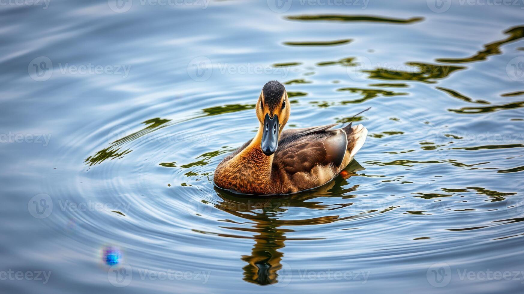 Duck swimming serenely in a tranquil lake creating ripples under a clear blue sky photo
