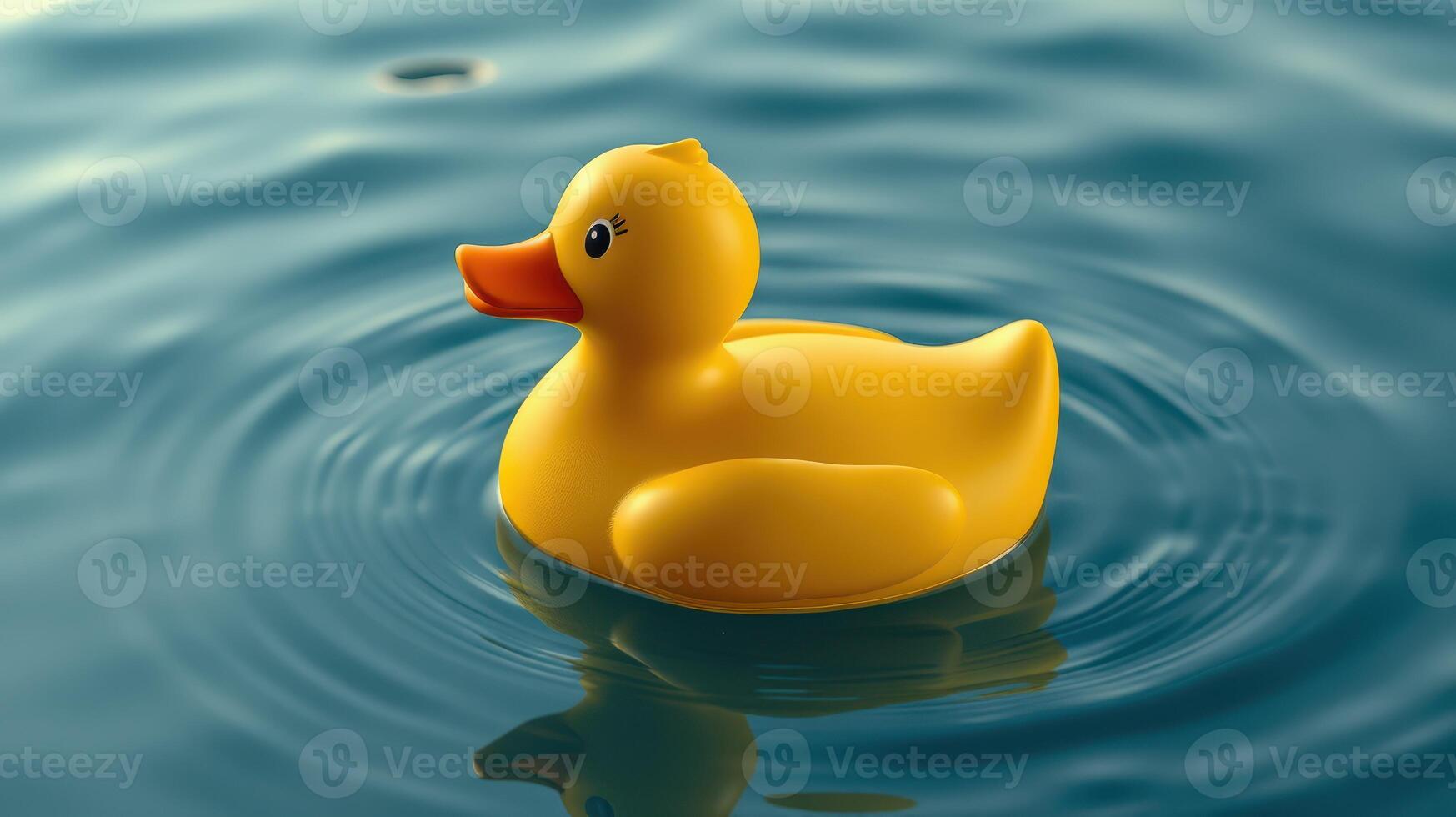 Yellow rubber duck floating on calm water with gentle ripples in a serene setting photo