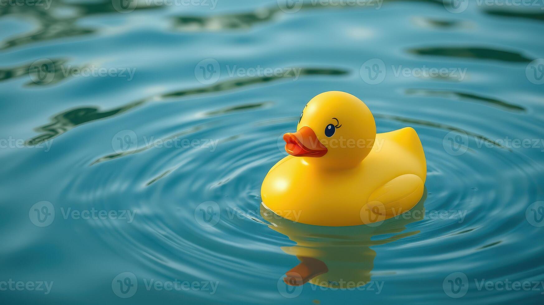 Floating rubber duck in calm water surrounded by gentle ripples during bright daylight photo