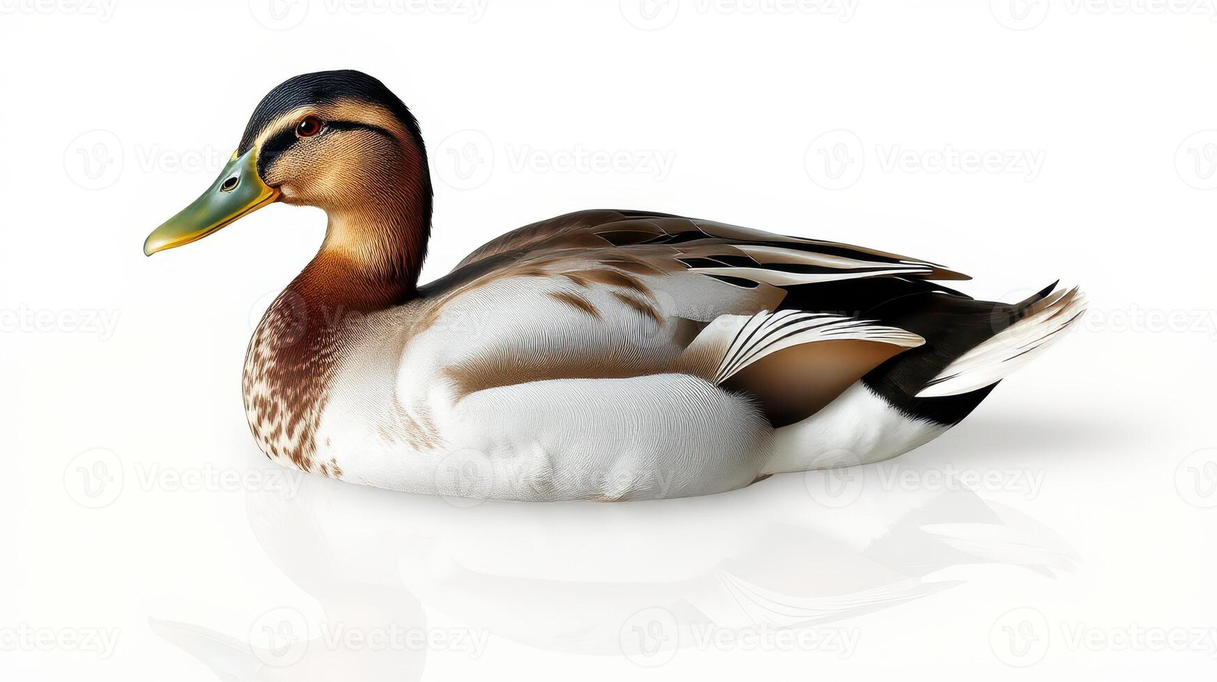 Colorful mallard duck resting on a white surface in a serene pose during daylight hours photo
