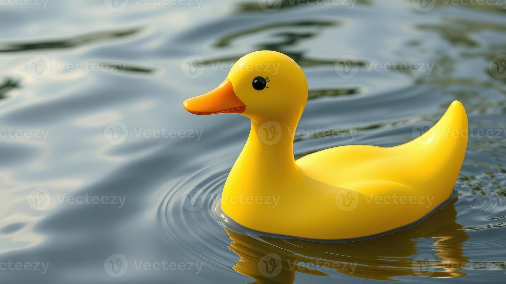 Yellow rubber duck floats on calm water in a serene environment during daylight hours photo
