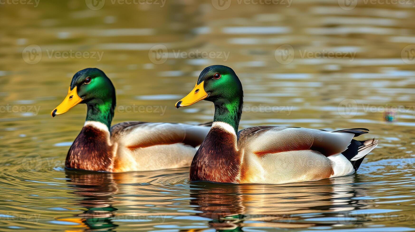 Mallard ducks swim in tranquil waters surrounded by natural beauty during a sunny afternoon in a picturesque setting photo