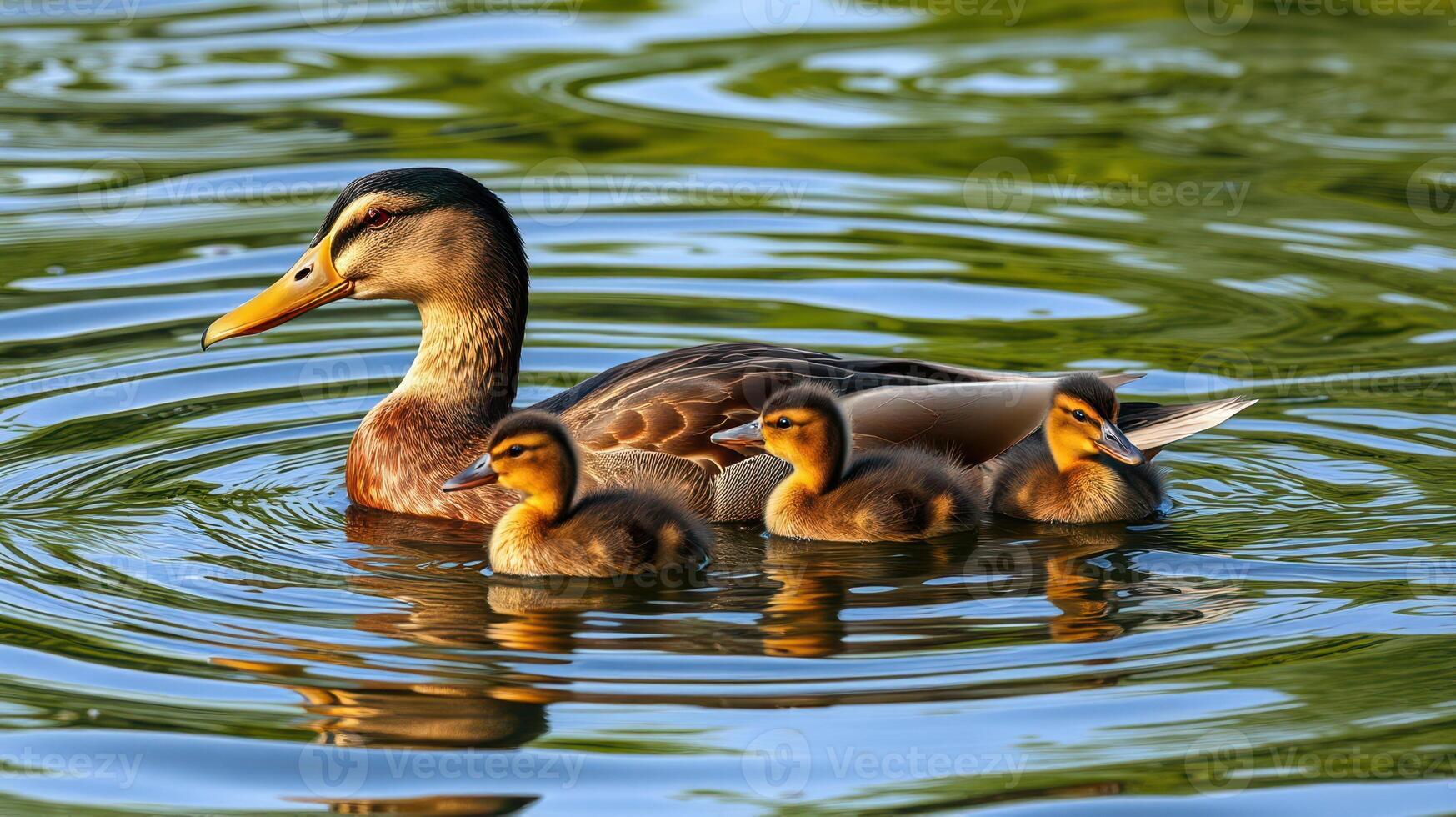Mother duck swimming gracefully with her ducklings in a serene pond during a sunny afternoon photo