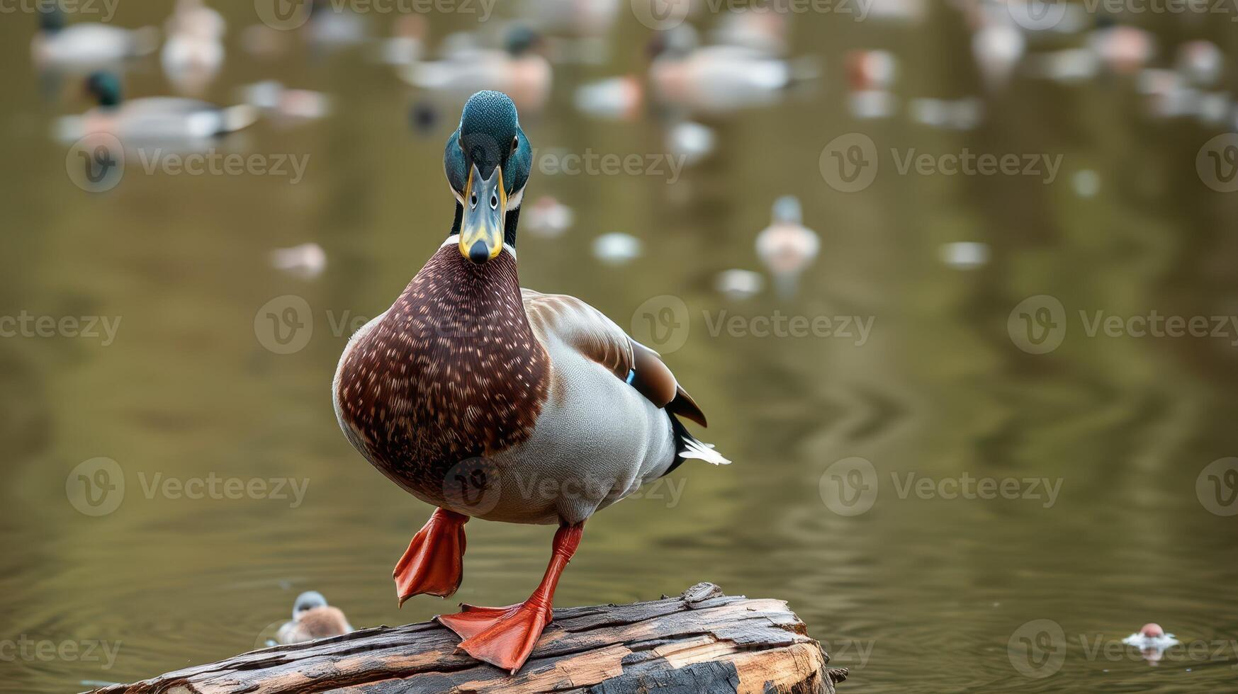 Mallard duck walking on a log near a tranquil pond surrounded by reflective water and scattered birds in the background photo