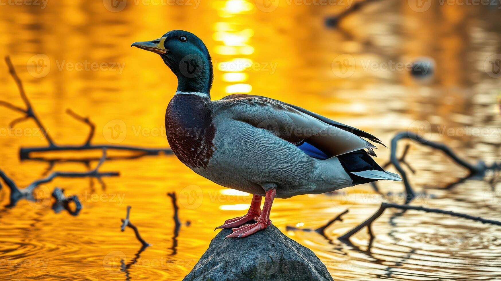 Mallard duck standing on a rock during sunset by a shimmering lake in a peaceful natural setting photo