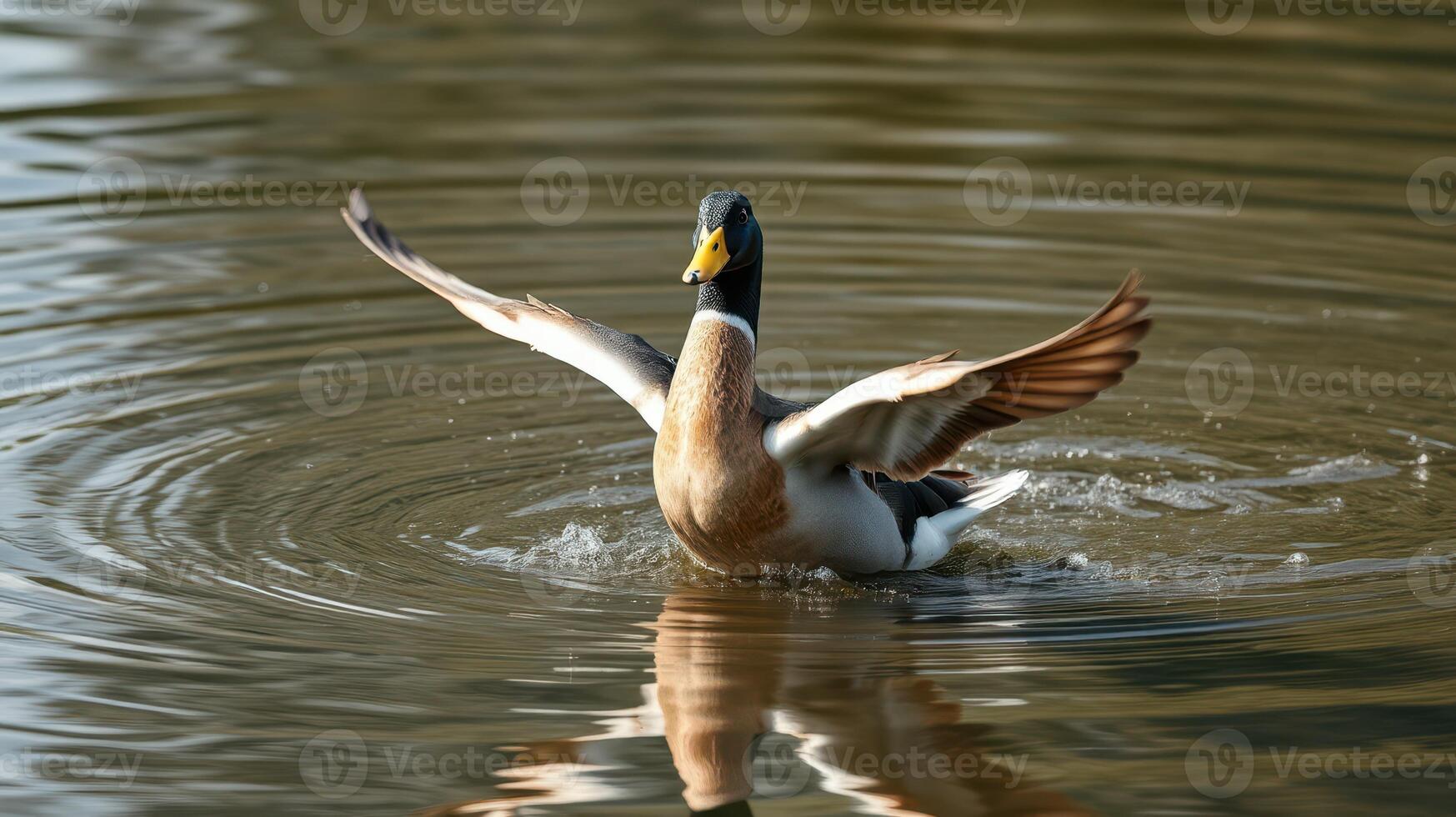 Duck gracefully flapping wings while swimming in a serene pond during the early morning light photo
