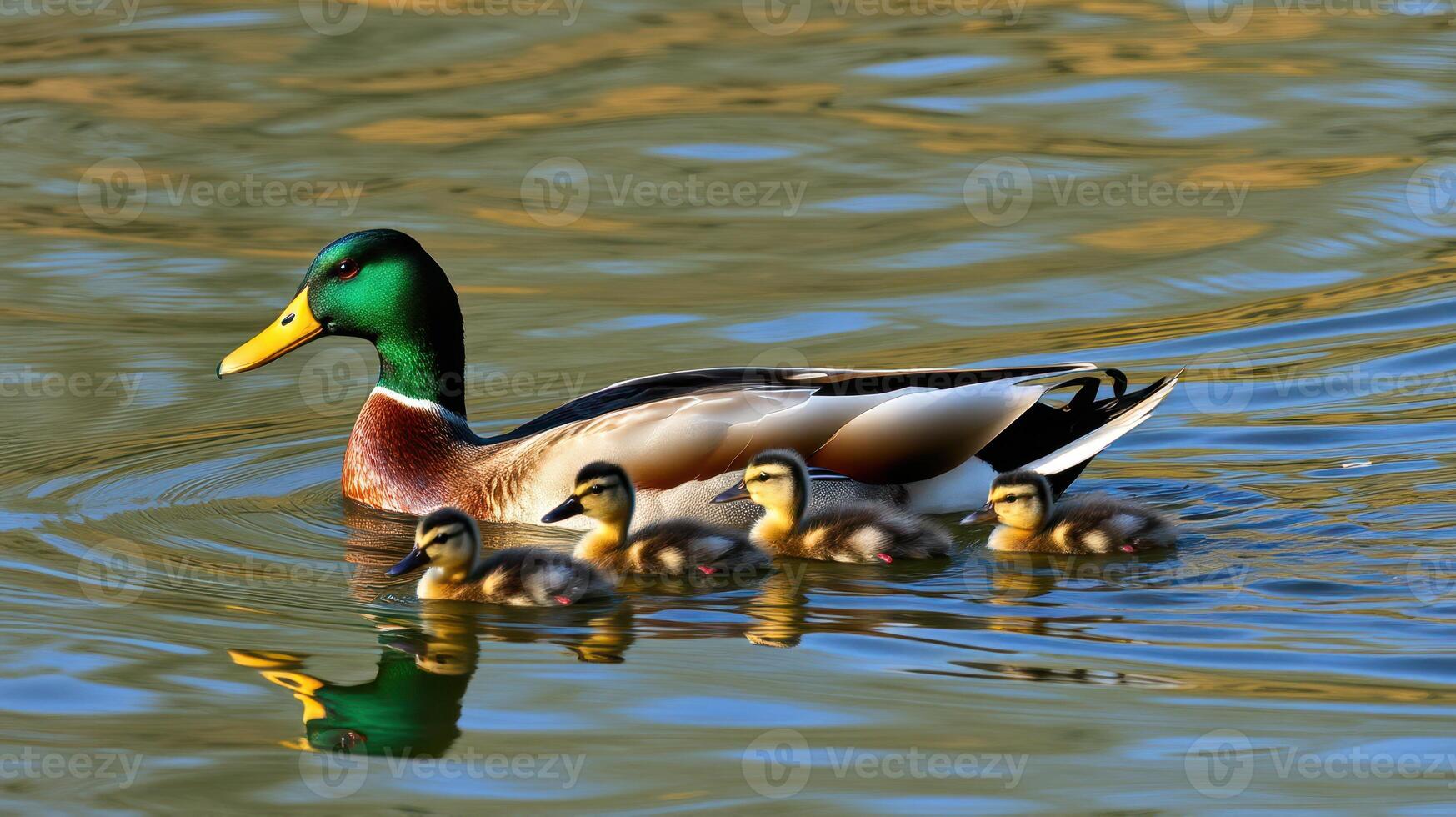 Mallard duck swims gracefully with ducklings in serene water during daylight at a tranquil pond photo