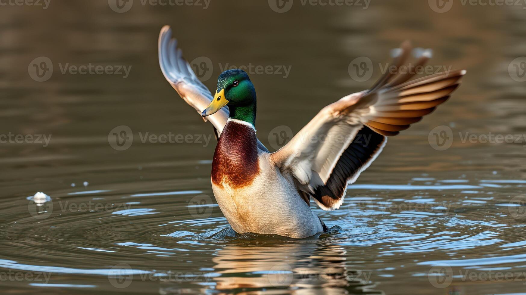 Vibrant mallard duck flapping wings on tranquil water at sunrise near a serene pond photo