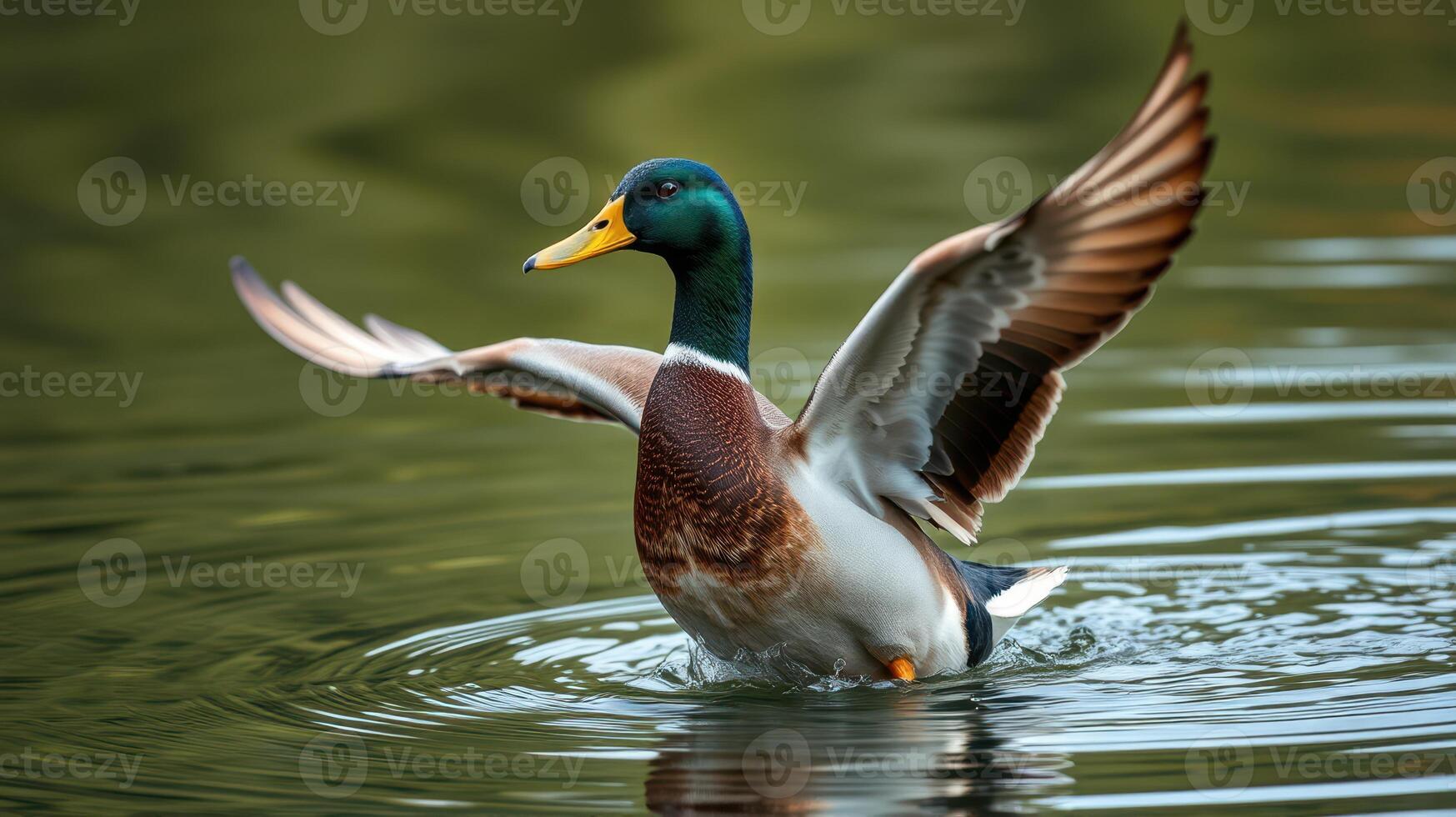 Mallard duck flaps its wings while swimming in a tranquil pond surrounded by greenery in the early morning light photo