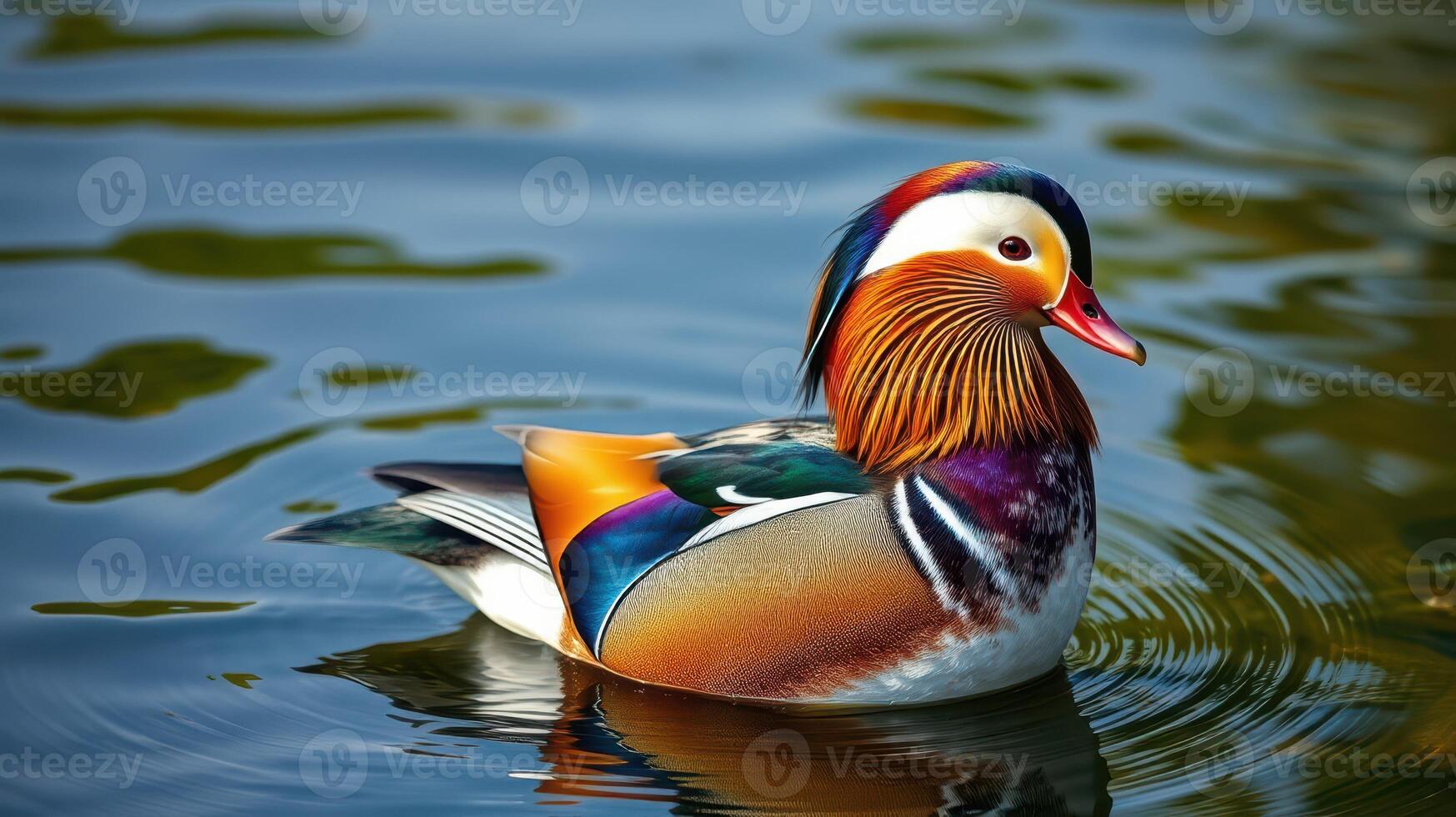 Colorful mandarin duck swimming gracefully on a serene lake surrounded by lush greenery photo