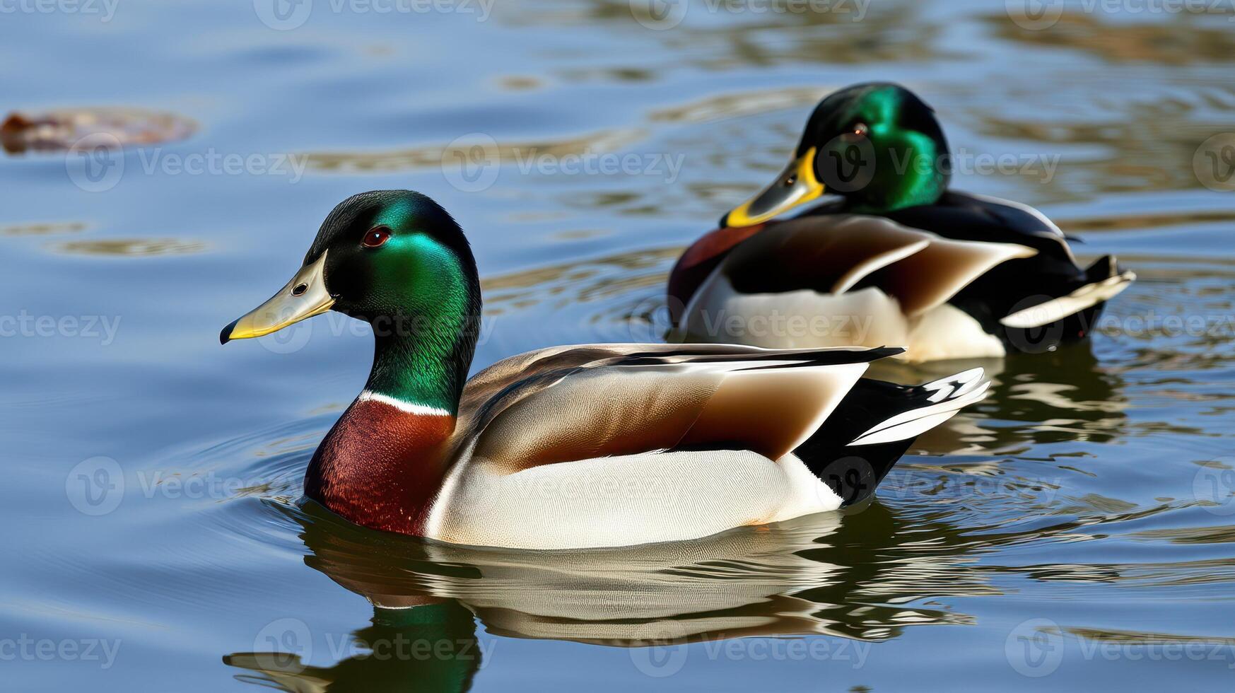 Pair of male ducks swimming gracefully on a tranquil lake during sunny afternoon photo