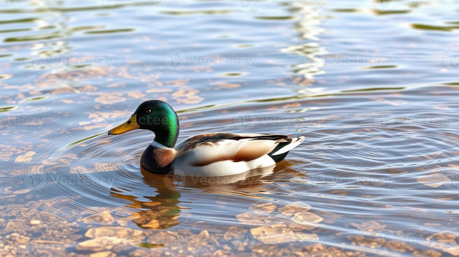 Colorful mallard duck swimming gracefully in a tranquil pond surrounded by autumn leaves and shimmering water photo