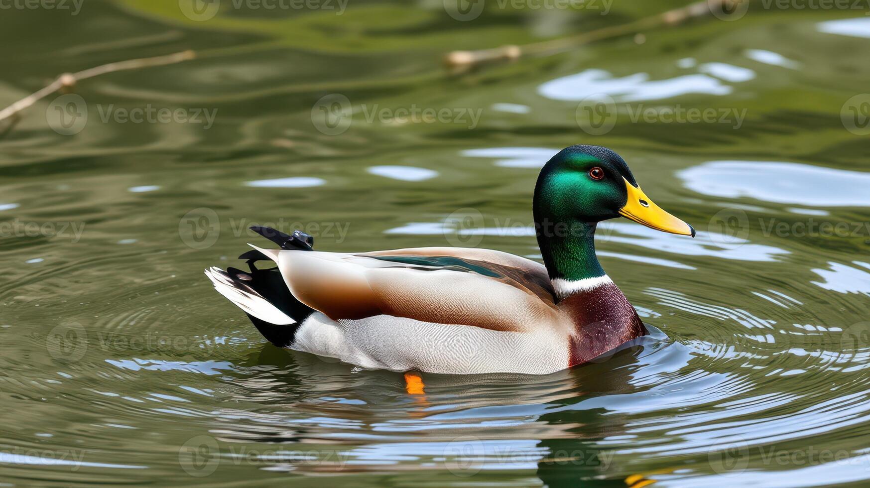 Colorful male duck swimming gracefully in a serene pond during daylight hours photo