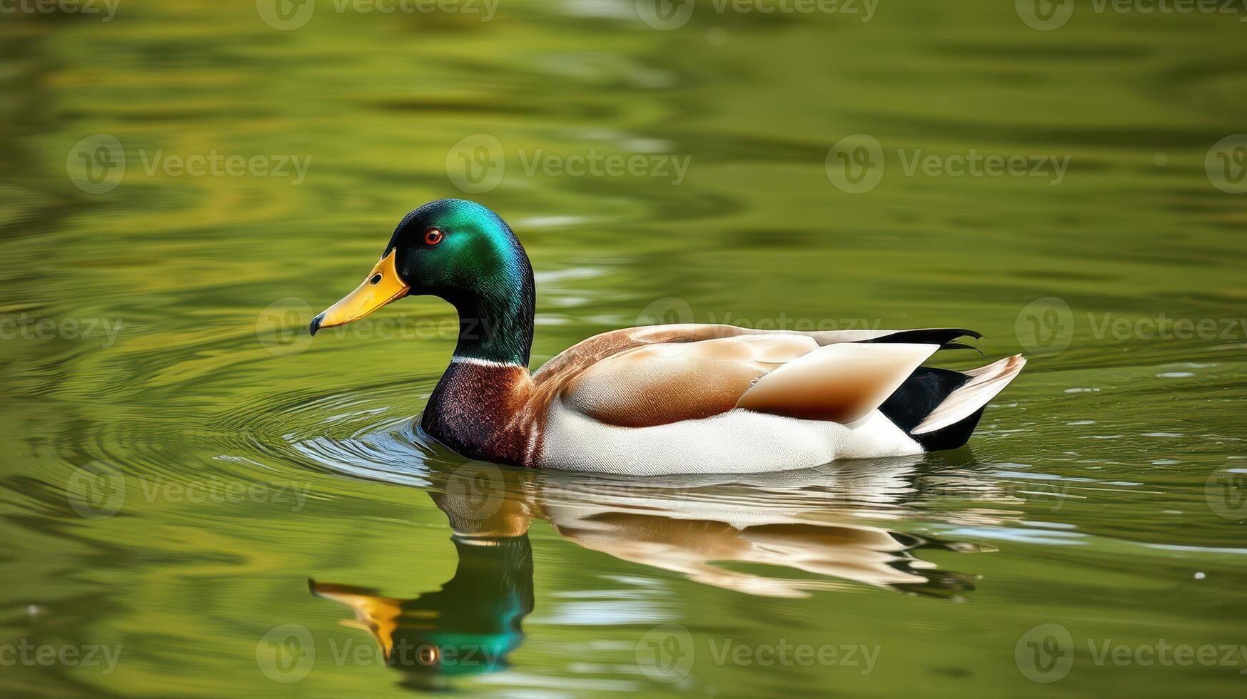 Colorful mallard duck swimming gracefully in a serene pond surrounded by lush greenery photo