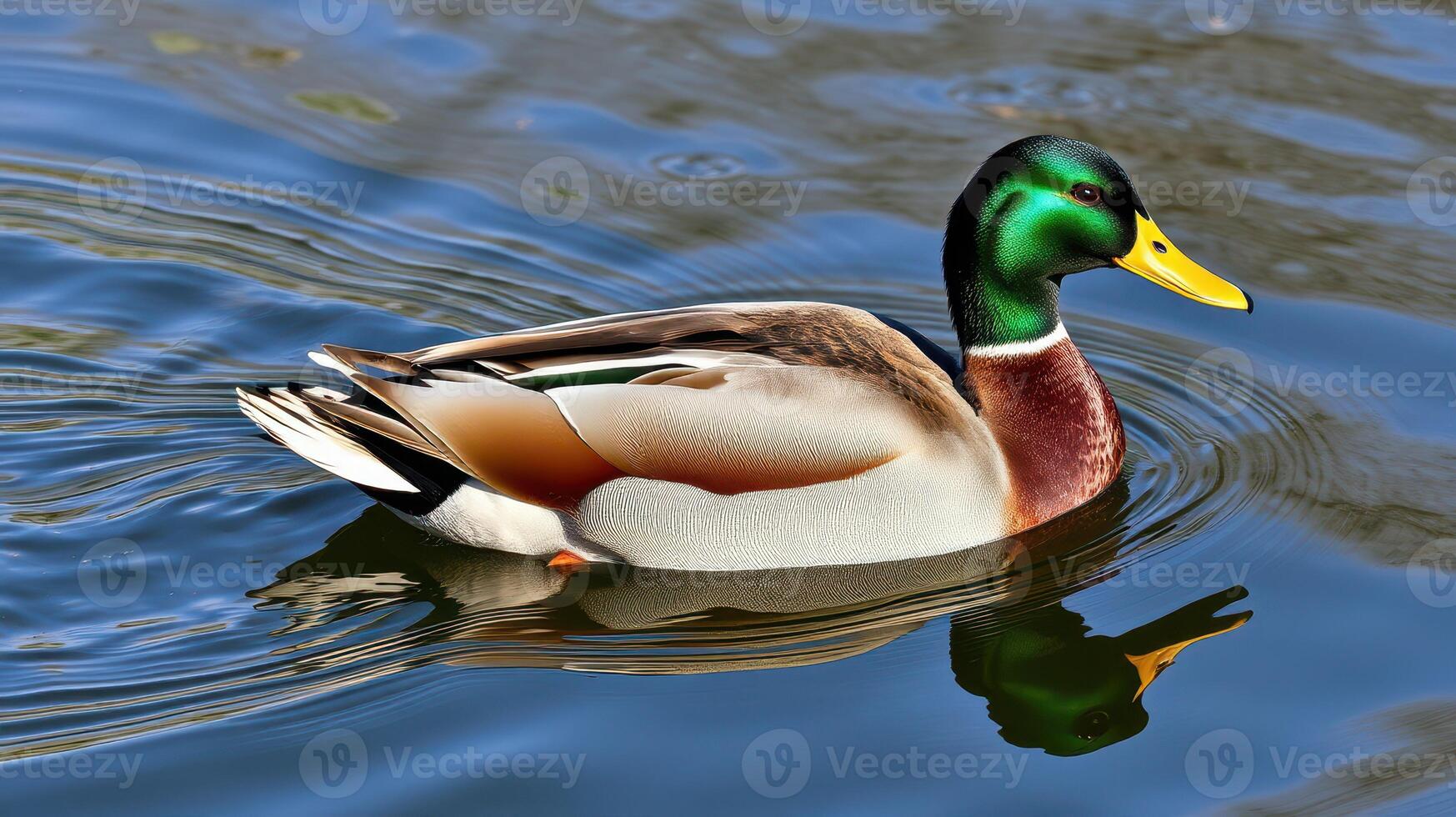 Male mallard duck swims peacefully in a serene pond surrounded by calm water photo