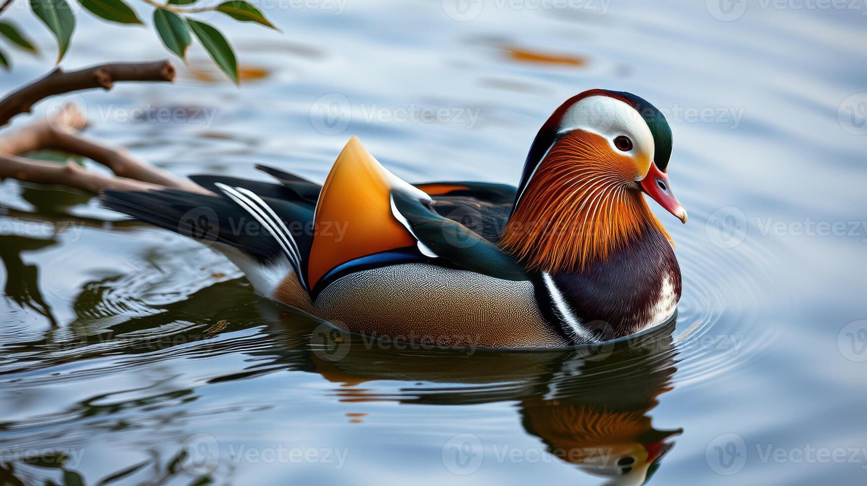 Mandarin duck gracefully swimming on a calm lake surrounded by greenery in bright daylight photo