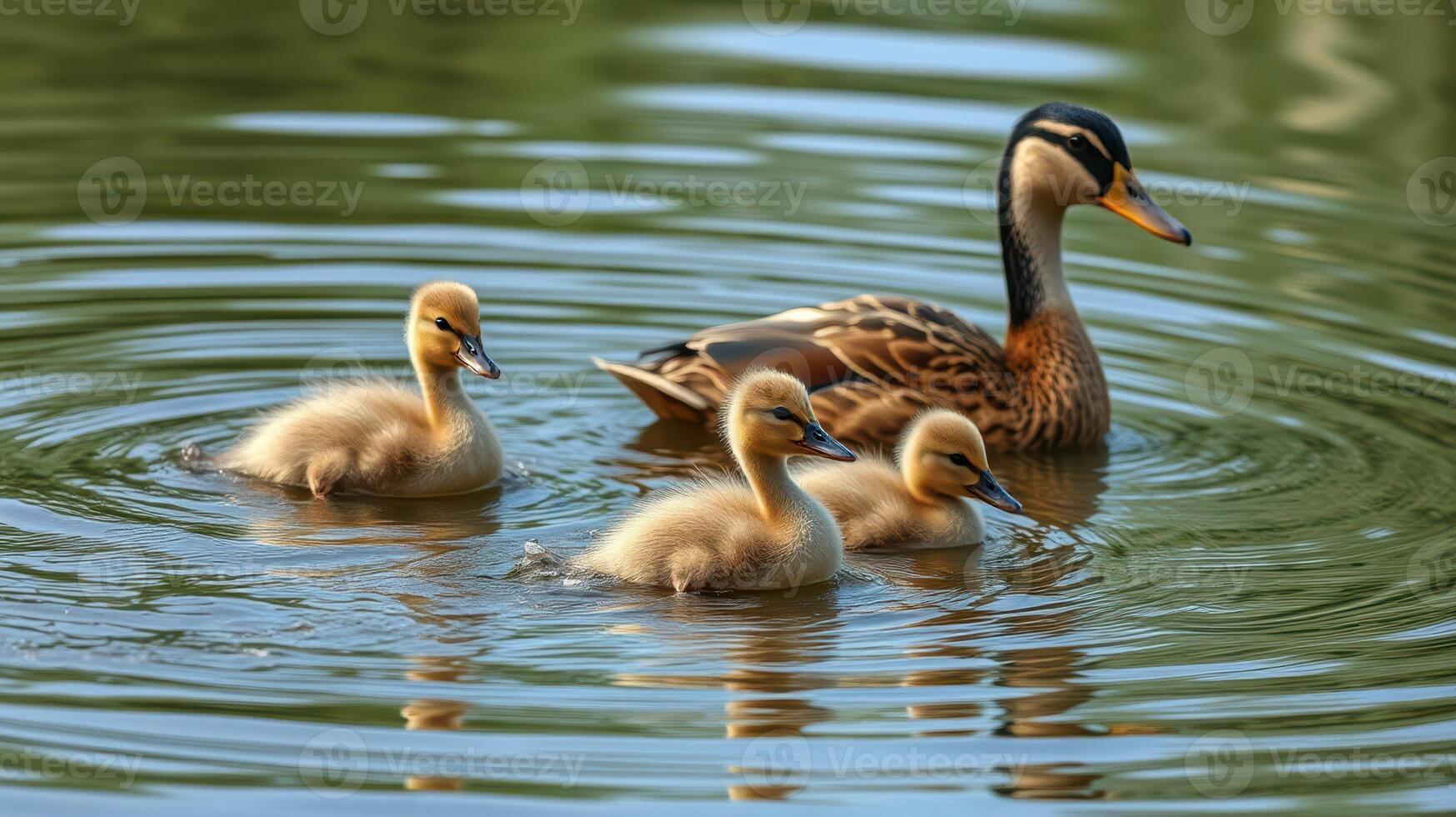 Mother duck swims calmly with her three fluffy ducklings in the serene pond during a sunny day photo
