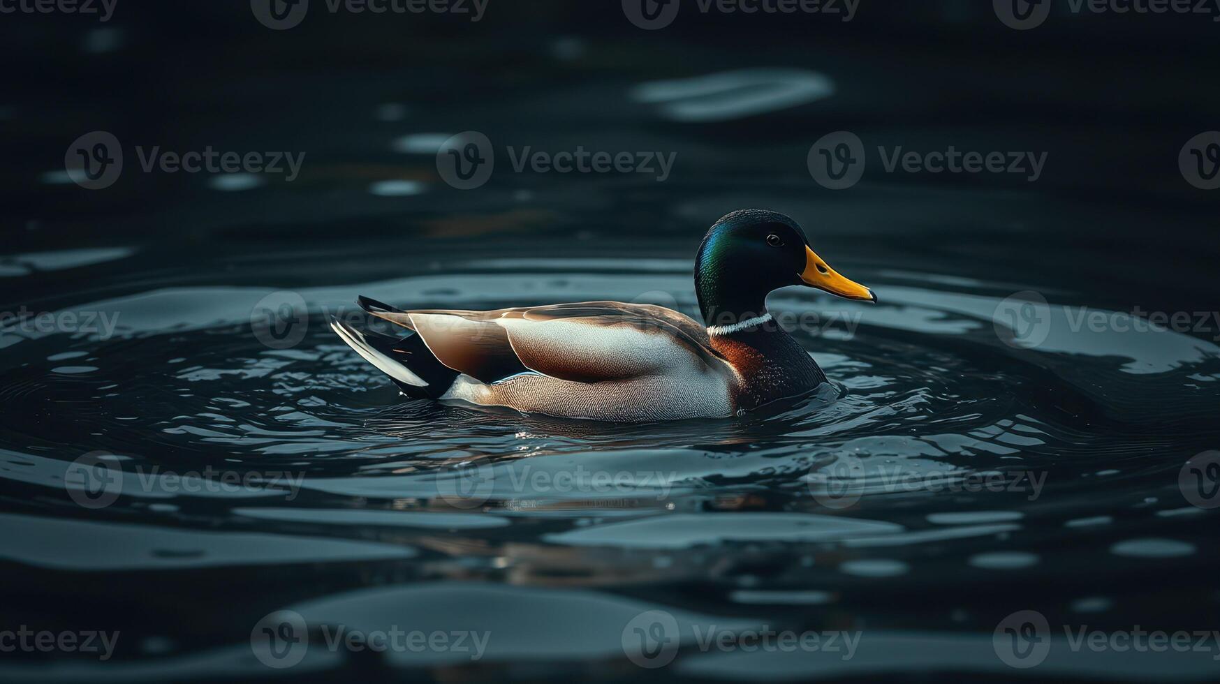 Mallard duck swimming gracefully in calm waters at dusk in a serene natural setting photo