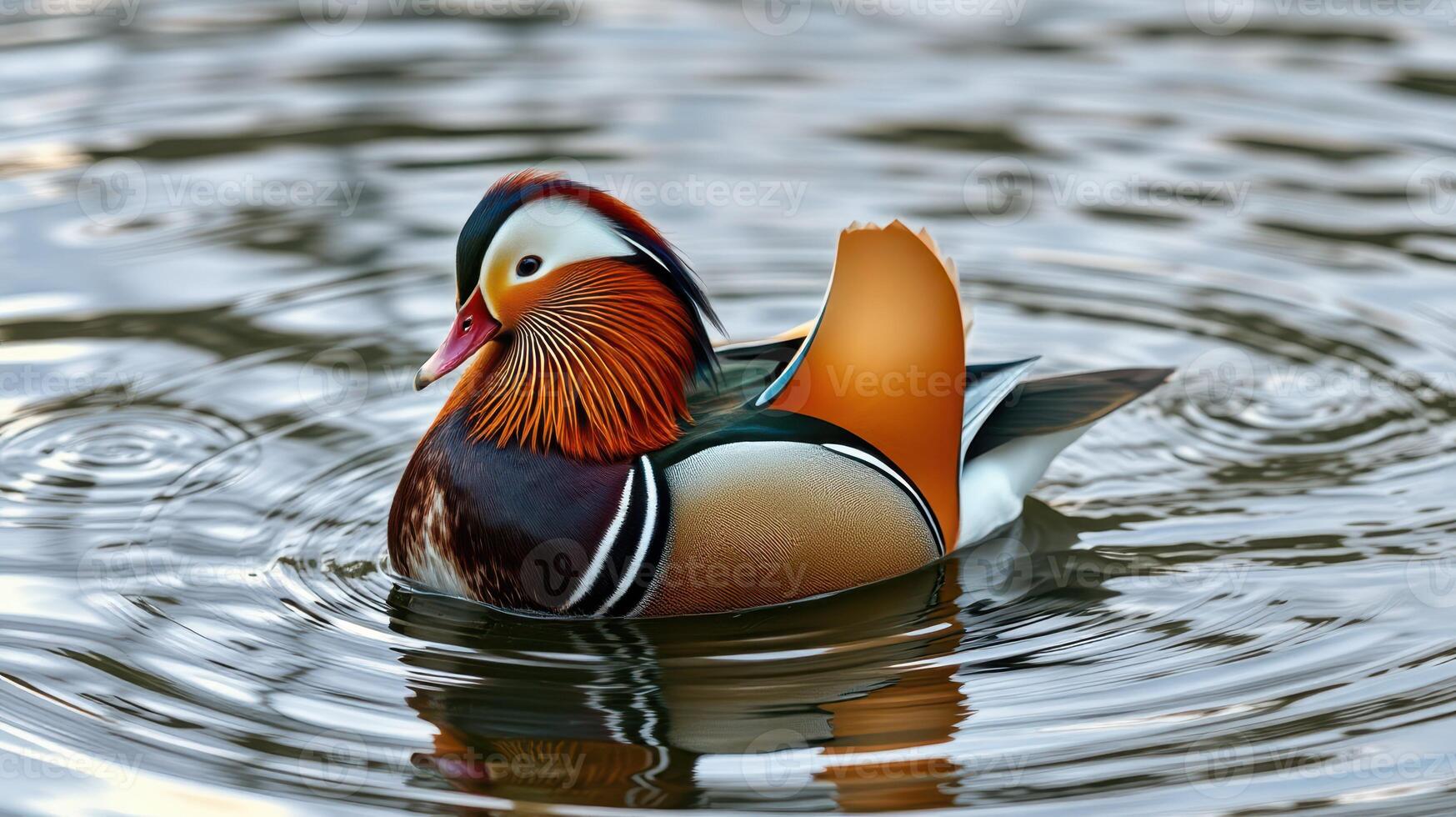 Colorful mandarin duck swims gracefully in tranquil pond during sunny afternoon photo