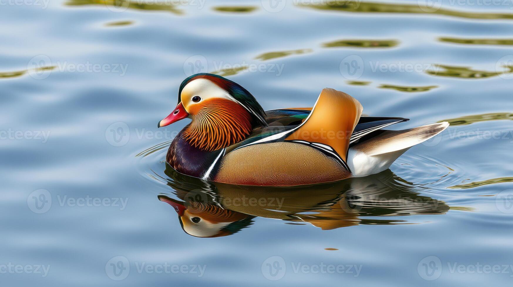 Colorful mandarin duck swimming gracefully in a serene pond surrounded by tranquil waters reflecting its vibrant plumage photo