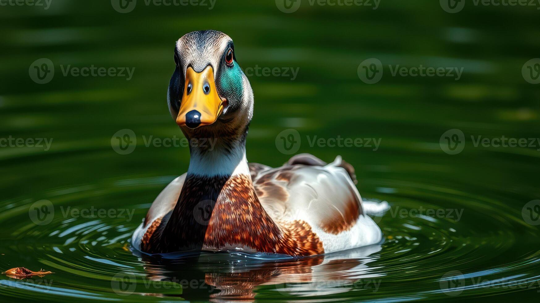 Male duck swimming gracefully in tranquil pond surrounded by vibrant greenery photo