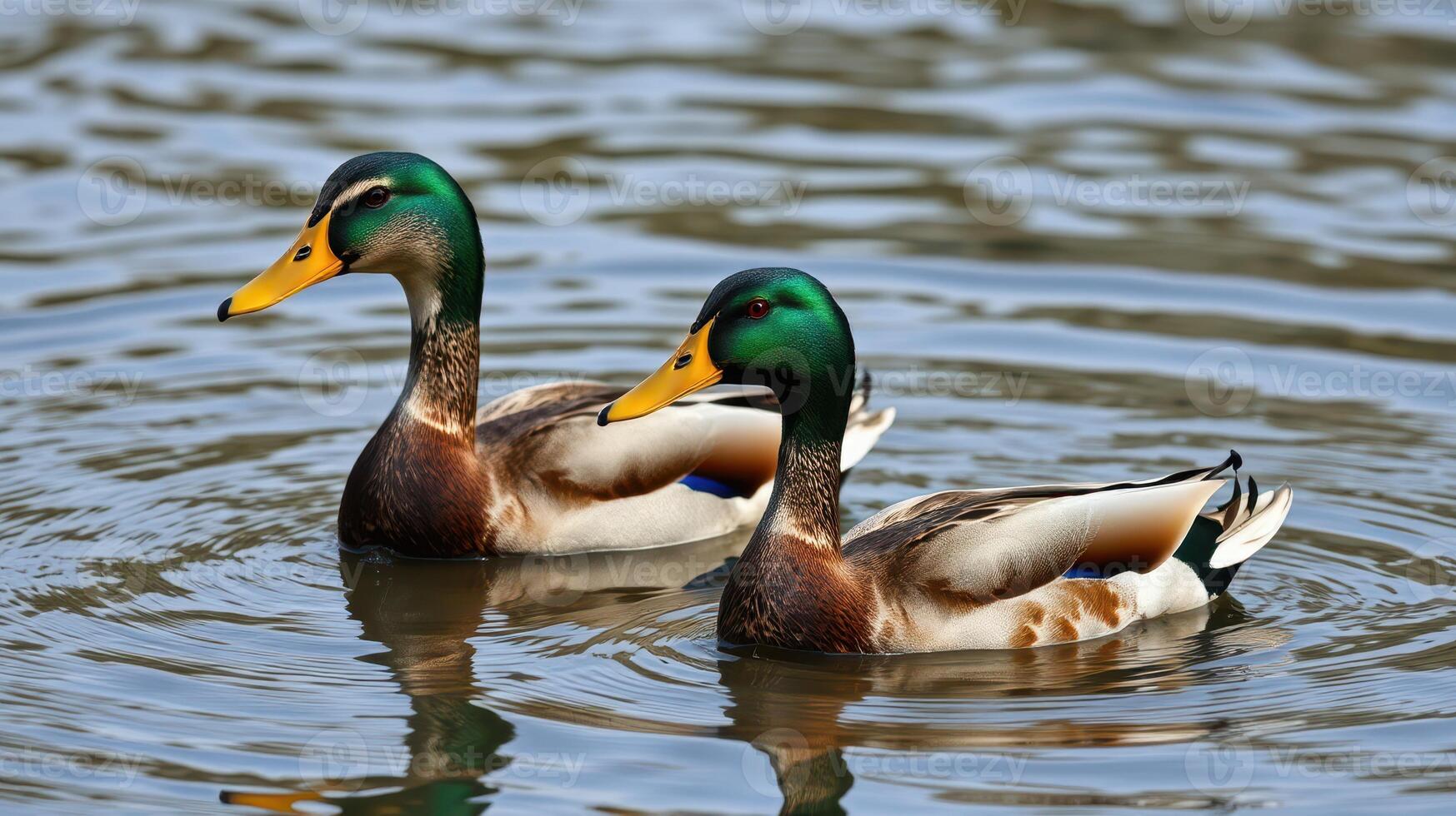 Ducks swimming gracefully in a serene pond surrounded by nature during a sunny day photo