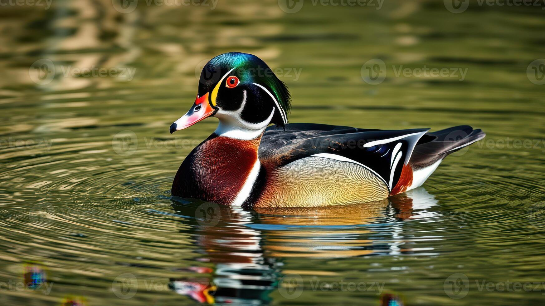 Wood duck gracefully swimming in a tranquil pond surrounded by lush greenery during a bright sunny day photo
