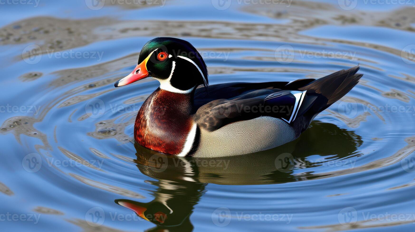 Colorful wood duck swimming serenely on a calm lake during early morning light photo
