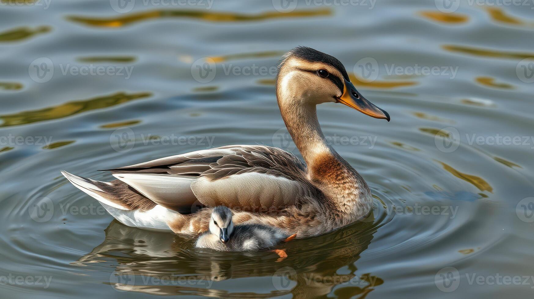 Mother duck swims gracefully with her duckling in a serene pond during a sunny afternoon photo