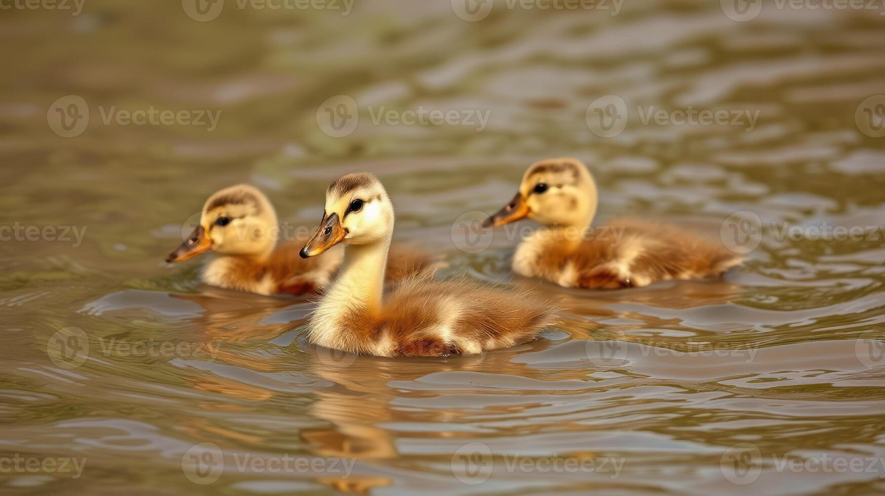 Baby ducks exploring a pond during a sunny afternoon in springtime photo