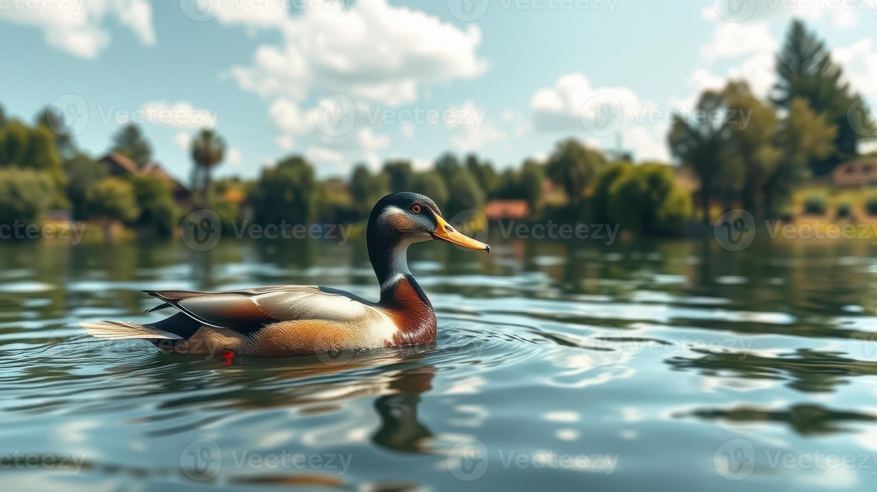 Mallard duck swimming gracefully on a serene lake during a sunny afternoon with lush greenery in the background photo