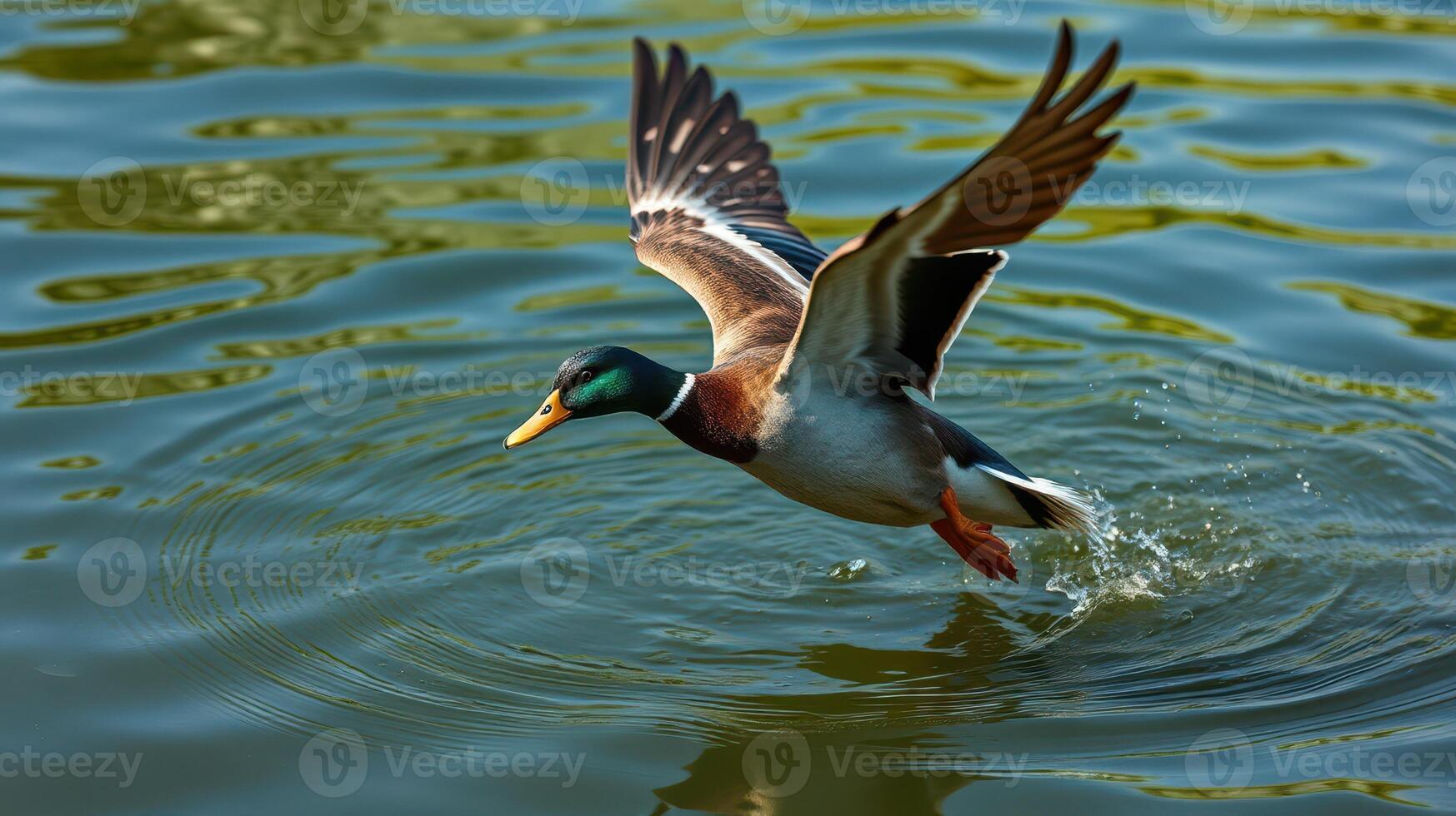 Duck takes flight over tranquil water while creating ripples on a sunny day photo