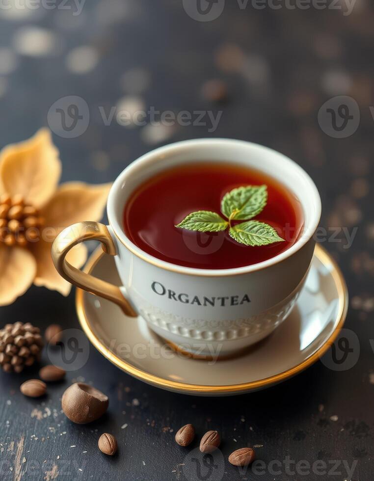 Warm herbal tea served in an elegant cup with a mint leaf garnish highlights a cozy setting photo