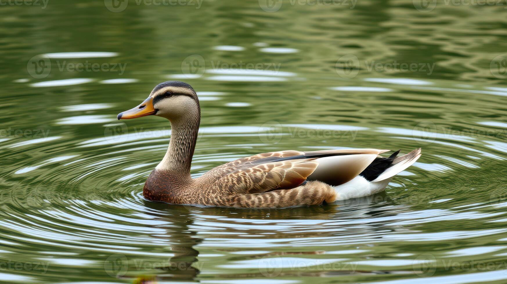 Mallard duck swimming gracefully in a serene pond surrounded by calm waters and reflections of greenery photo
