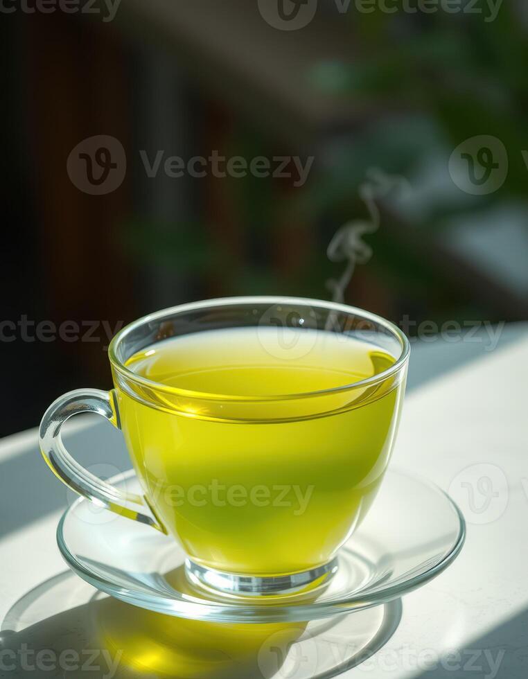 Hot green tea steaming in a clear glass cup on a sunlit table with soft shadows photo