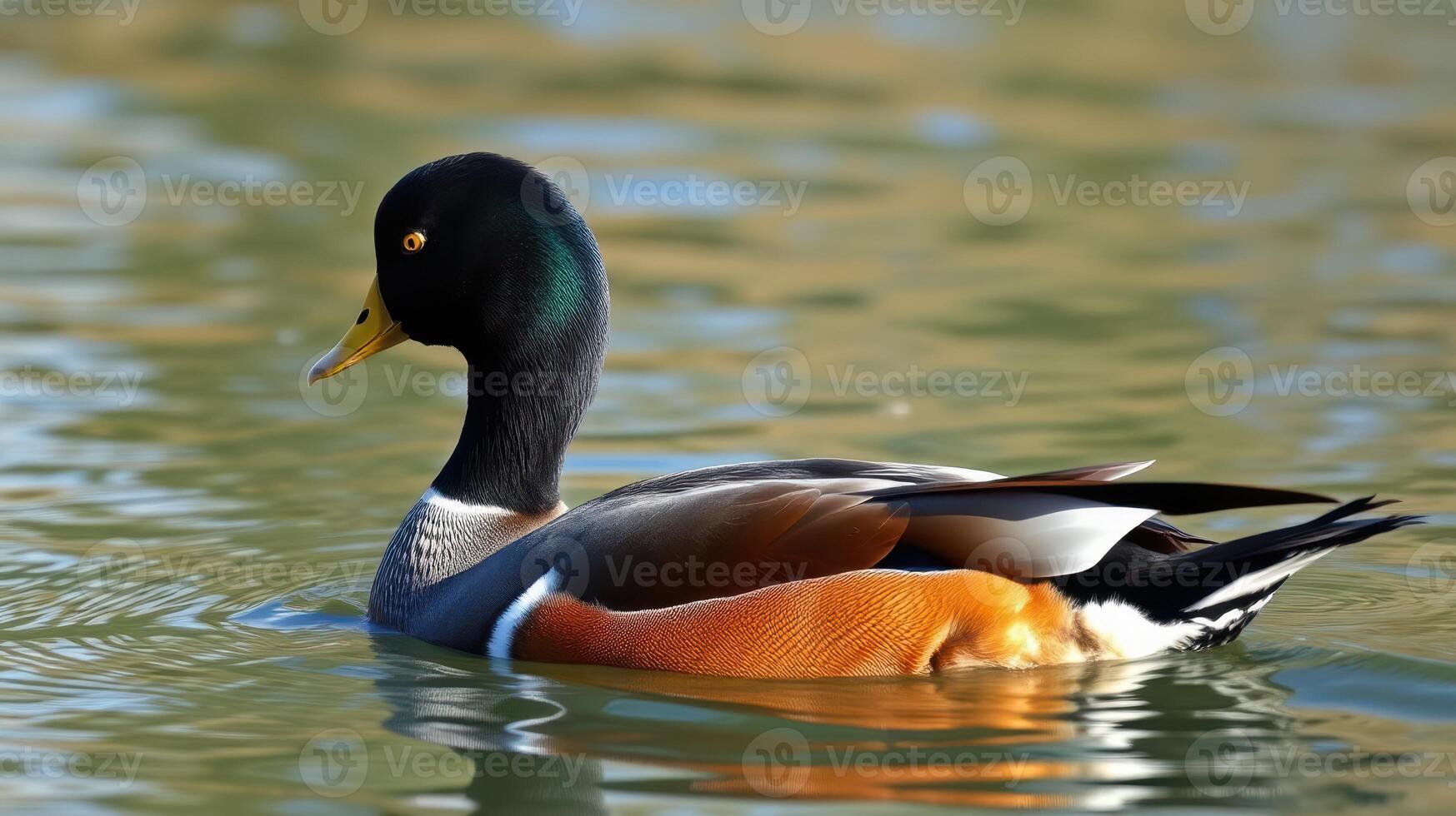 Colorful male duck swimming calmly in a serene body of water during a bright day in nature photo