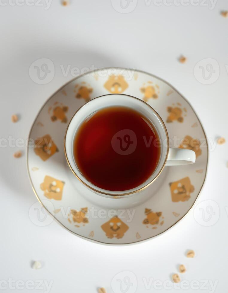 Warm cup of brewed tea on a decorative saucer surrounded by scattered tea leaves in a cozy setting photo