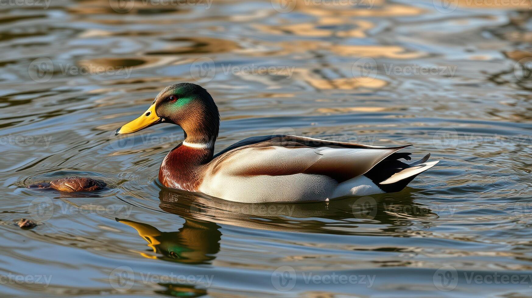 Mallard duck swimming smoothly in a tranquil pond during golden hour photo