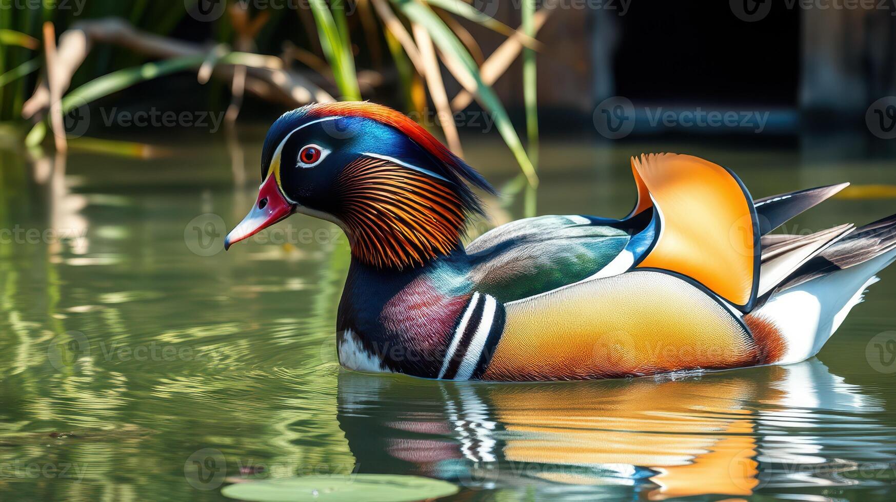 Mandarin duck swimming gracefully in a serene pond surrounded by greenery photo