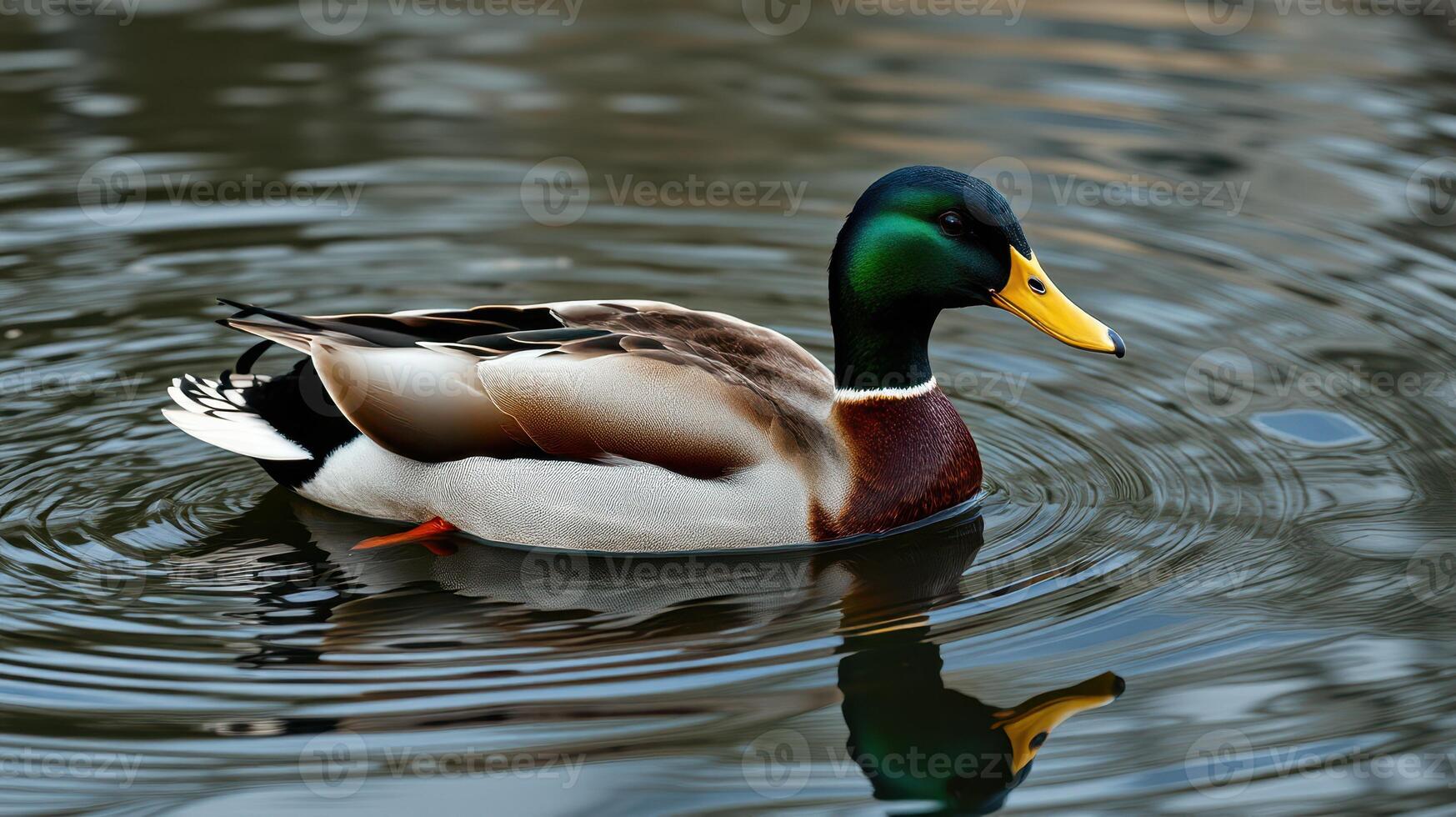 Colorful mallard duck swimming calmly in a serene pond during a sunny afternoon photo