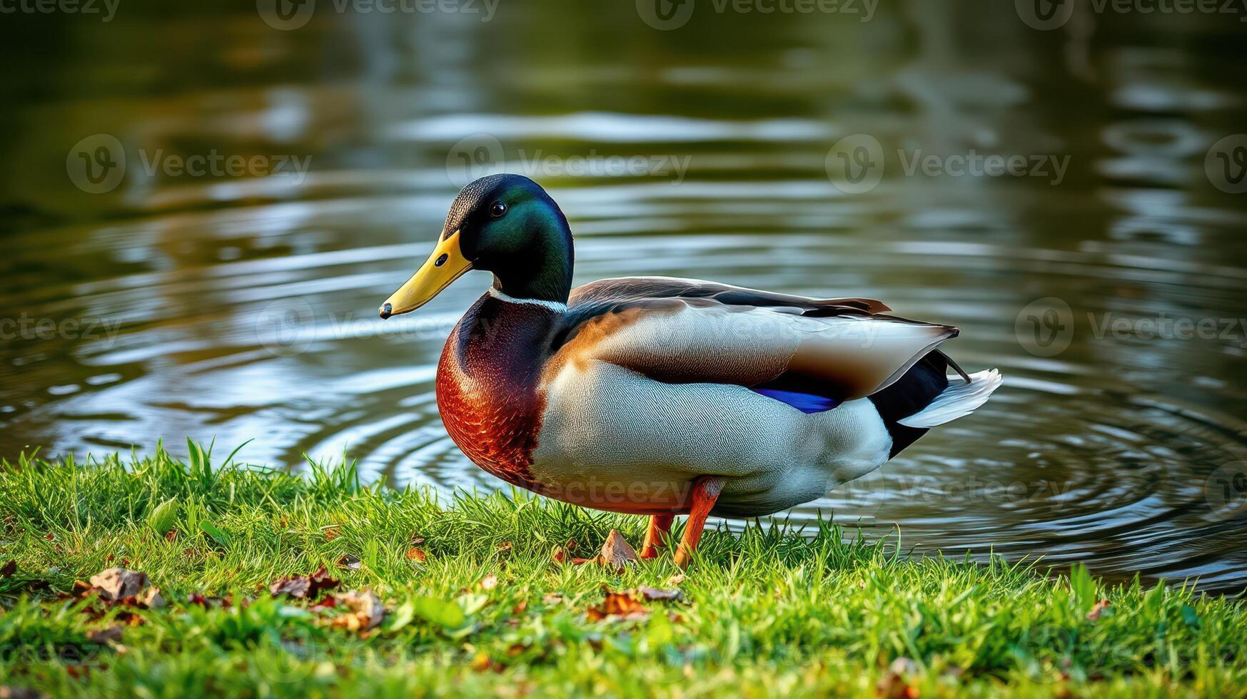 Colorful mallard duck swimming near a tranquil pond surrounded by lush greenery in the early morning light photo