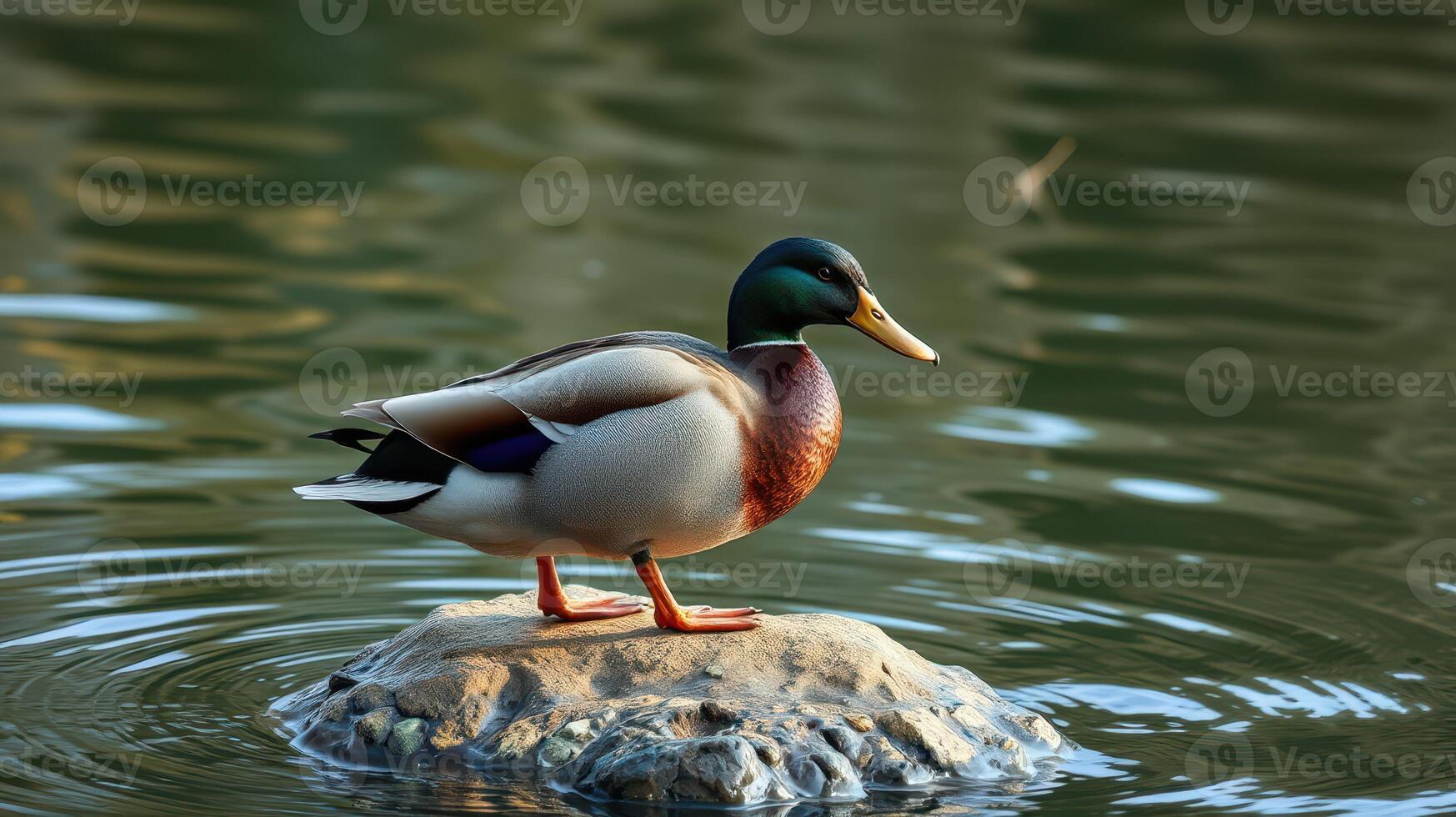 Mallard duck standing on a rock in calm water during daylight hours at a serene nature location photo