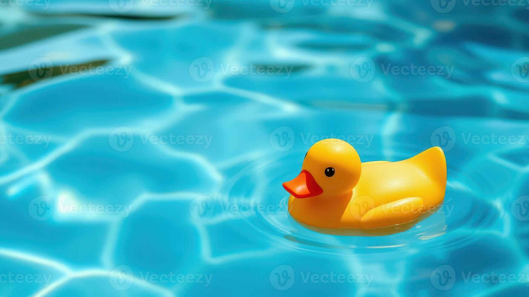 Floating yellow rubber duck in a sparkling blue swimming pool on a sunny day photo
