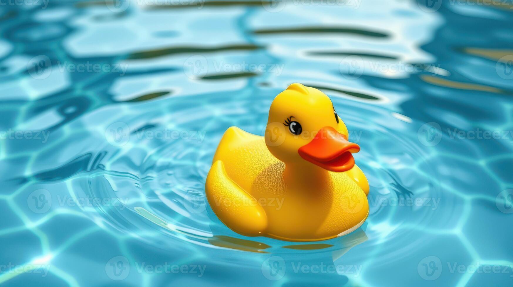 Yellow rubber duck floating calmly on water surface in a bright blue pool during sunny day photo