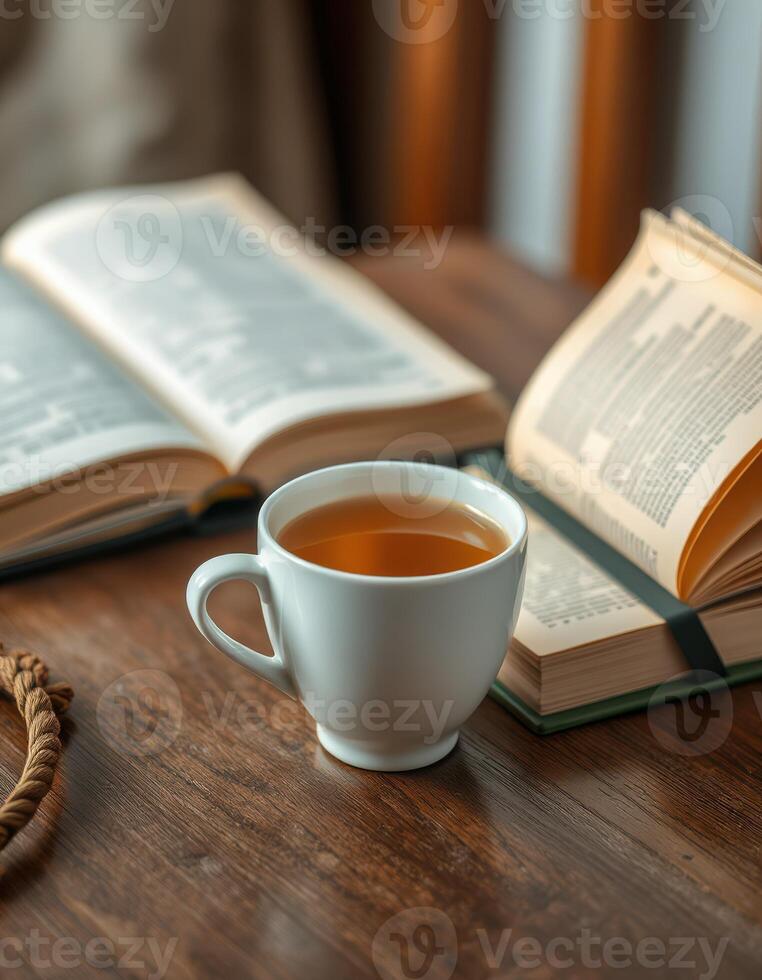 Warm cup of tea placed next to open books on a wooden table in a cozy setting during the afternoon photo