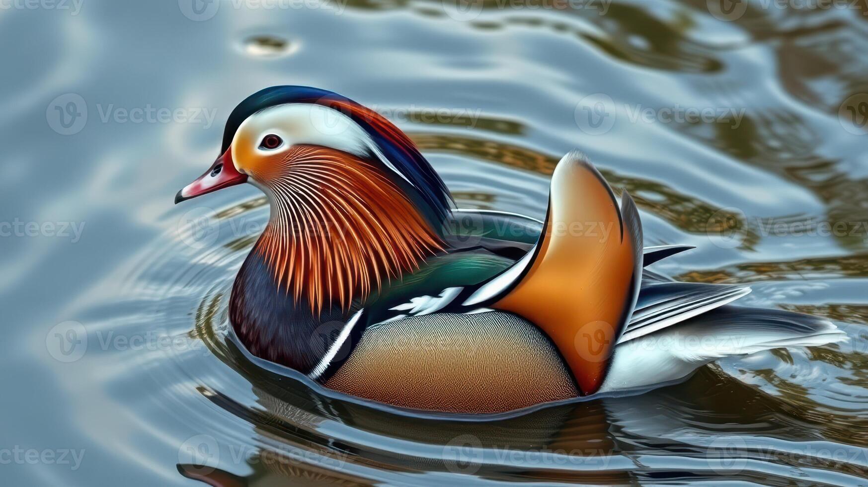 Mandarin duck swimming gracefully on a tranquil pond during a sunny afternoon in early autumn photo