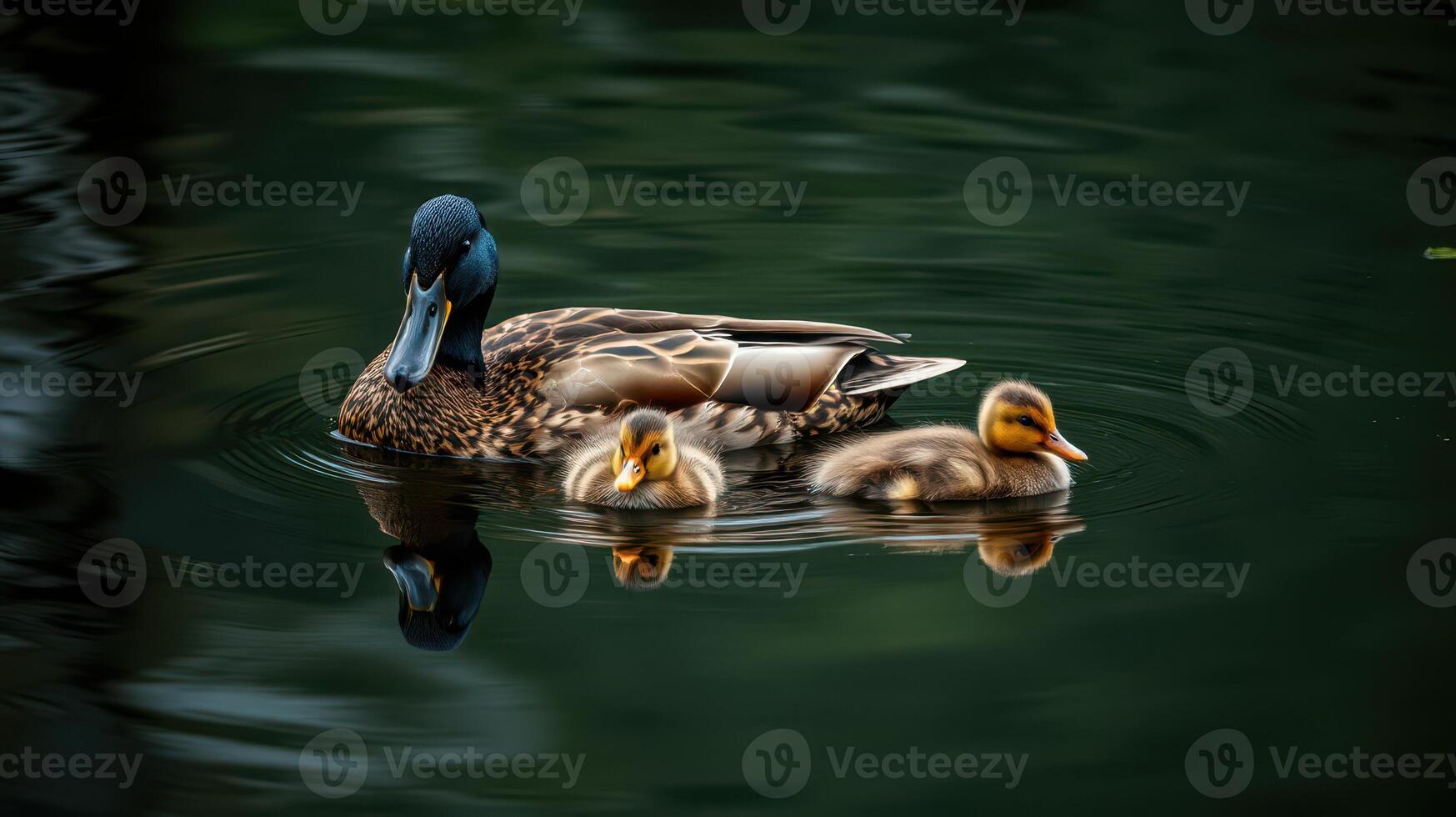Mother duck swimming with ducklings in calm water during daytime photo